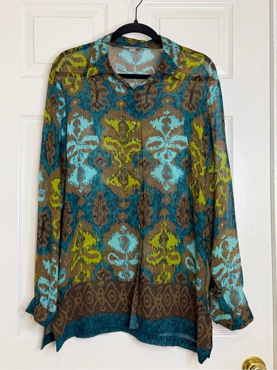 GO BY GO SILK Tops - Go Silk 100% Silk Ikat Print Button Front Blouse Tunic Size Large